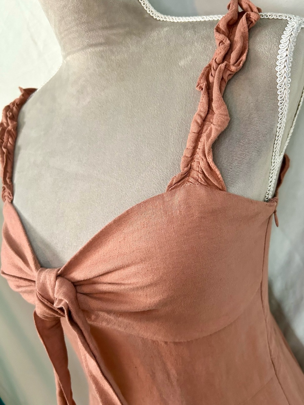 Zara Terracotta Ruffle Bow Linen/Cotton Blend Midi Dress, Size S - Picture 3 of 16